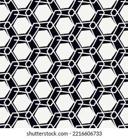 Paint brush hexagons. Hand drawn honeycombs background. Hexahedrons wallpaper. Hives motif. Geometric backdrop. Ethnic digital paper. Web designing. Textile print. Seamless pattern. Vector art work