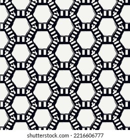 Paint brush hexagons. Hand drawn honeycombs background. Hexahedrons wallpaper. Hives motif. Geometric backdrop. Ethnic digital paper. Web designing. Textile print. Seamless pattern. Vector art work