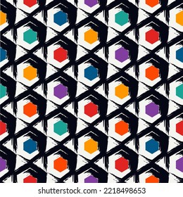 Paint brush hexagons. Hand drawn honeycombs background. Hexahedrons wallpaper. Hives motif. Geometric backdrop. Ethnic digital paper. Web designing. Textile print. Seamless pattern. Vector image.