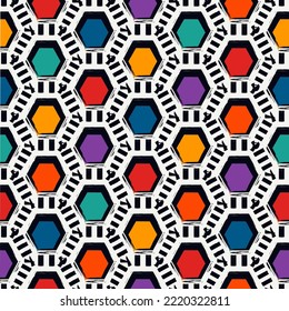 Paint brush hexagons. Hand drawn honeycombs background. Hexahedrons wallpaper. Hives motif. Geometric backdrop. Ethnic digital paper. Web designing. Textile print. Seamless pattern. Vector artwork.