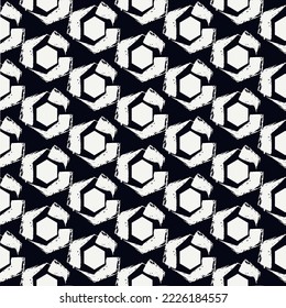 Paint brush hexagons. Hand drawn honeycombs background. Hexahedrons wallpaper. Hives motif. Geometric backdrop. Ethnic digital paper. Web designing. Textile print. Seamless pattern. Vector art work.