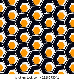 Paint brush hexagons. Hand drawn honeycombs background. Hexahedrons wallpaper. Hives motif. Geometric backdrop. Ethnic digital paper. Web designing. Textile print. Seamless pattern. Vector work
