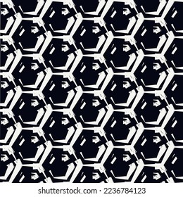 Paint brush hexagons. Hand drawn honeycombs background. Hexahedrons wallpaper. Hives motif. Geometric backdrop. Ethnic digital paper. Web designing. Textile print. Seamless pattern. Vector artwork