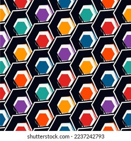 Paint brush hexagons. Hand drawn honeycombs background. Hexahedrons wallpaper. Hives motif. Geometric backdrop. Ethnic digital paper. Web designing. Textile print. Seamless pattern. Vector work