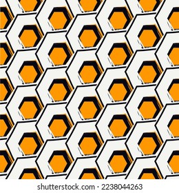 Paint brush hexagons. Hand drawn honeycombs background. Hexahedrons wallpaper. Hives motif. Geometric backdrop. Ethnic digital paper. Web designing. Textile print. Seamless pattern. Vector work.