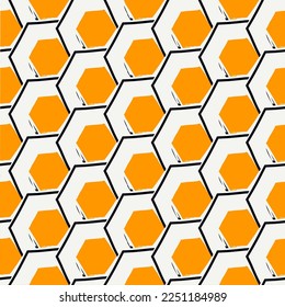 Paint brush hexagons. Hand drawn honeycombs background. Hexahedrons wallpaper. Hives motif. Geometric backdrop. Ethnic digital paper. Web designing. Textile print. Seamless pattern. Vector work