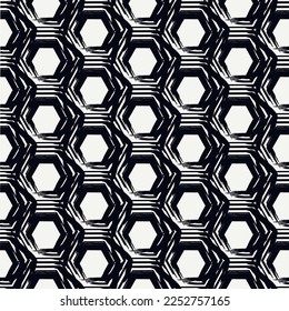 Paint brush hexagons. Hand drawn honeycombs background. Hexahedrons wallpaper. Hives motif. Geometric backdrop. Ethnic digital paper. Web designing. Textile print. Seamless pattern