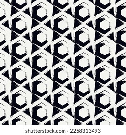 Paint brush hexagons. Hand drawn honeycombs background. Hexahedrons wallpaper. Hives motif. Geometric backdrop. Ethnic digital paper. Web designing. Textile print. Seamless pattern. Vector image.