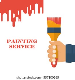 Paint brush hold in hand human. Template design painting service. Renovation, recover concept. Vector illustration. Advertising and promotion. Flat style. Isolated on white background.
