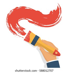 Paint brush hold in hand human. Template design painting service. Renovation, recover concept. Vector illustration. Flat style. Isolated on white background. Red brushstroke. Tools of the artist.