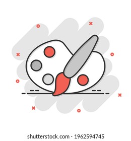 Paint brush icon in comic style. Palette cartoon vector illustration on white isolated background. Painter instrument splash effect business concept.