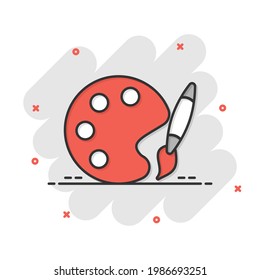 Paint brush icon in comic style. Palette cartoon vector illustration on white isolated background. Painter instrument splash effect business concept.