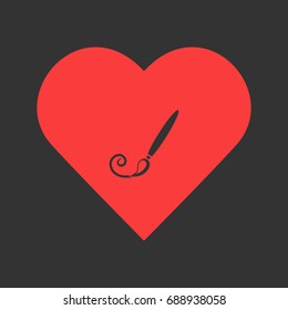 Paint brush icon flat. Simple pictogram on heart background. Vector illustration symbol