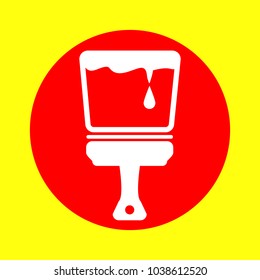 Paint brush icon. Vector. White flat icon inside red circle at yellow background. Isolated.