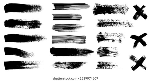 Pincel de pintura, salpicaduras de tinta, cruces, manchas y trazos de pintura. Conjunto de pinceladas de tinta grunge y pinceladas. Colección de texturas artísticas. Elementos de diseño de Vector sucio, fondos
