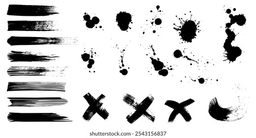 Paint brush, ink splatter, crosses, stains and paint strokes. Set of ink grunge paintbrush strokes and splash of paints. Artistic textures collection. Dirty vector design elements, backgrounds