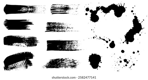 Paint brush, ink splatter, crosses, stains and paint strokes. Set of ink grunge paintbrush strokes and splash of paints. Artistic textures collection. Dirty vector design elements, backgrounds