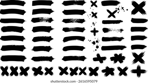 Paint brush, ink splatter, crosses, stains and paint strokes