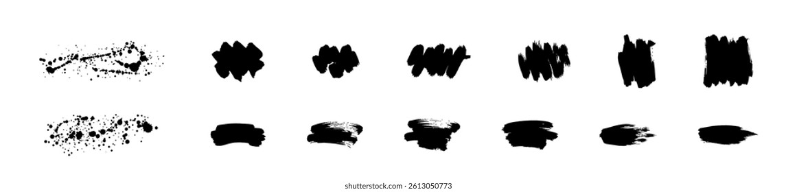 Paint brush, ink splatter, and strokes to place, box for text. Set of ink grunge paintbrush strokes and paint splashes. Artistic textures collection for card, banner, label.