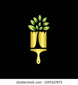 Paint Brush Leaf Logo Design. Eco Artistic Nature. Gold Canvas and Environment Growth Graphic Icon. 