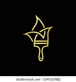 Paint Brush Leaf Logo Design. Eco Artistic Nature. Gold Canvas and Environment Growth Graphic Icon. 