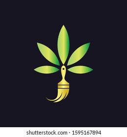 Paint Brush Leaf Logo Design. Eco Artistic Nature. Gold Canvas and Environment Growth Graphic Icon. 