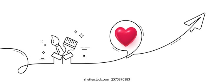 Paint brush line icon. Continuous line with share plane. Wall paintbrush box sign. Creative drawing art symbol. 3d heart in speech bubble. Brush single line ribbon. Loop curve pattern. Vector