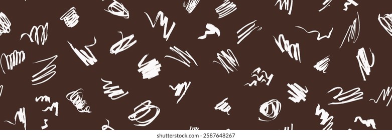 Paint brush line seamless pattern background. Off-white abstract shape hand-drawn brushstrokes on black background. Marker strokes bg. Swirls, swooshes and scribbles kid sketch graphic pattern
