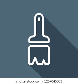 Paint brush, linear outline icon. White flat icon with long shadow on blue background