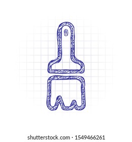 Paint brush, linear outline icon. Hand drawn sketched picture with scribble fill. Blue ink. Doodle on white background
