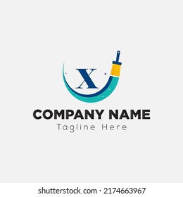 Paint Brush Logo On Letter X Template. Paint On X Letter, Initial Paint Sign Concept