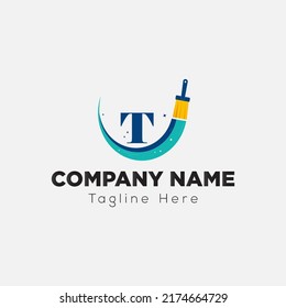 Paint Brush Logo On Letter T Template. Paint On T Letter, Initial Paint Sign Concept