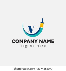 Paint Brush Logo On Letter V Template. Paint On V Letter, Initial Paint Sign Concept
