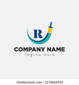 Paint Brush Logo On Letter R Template. Paint On R Letter, Initial Paint Sign Concept