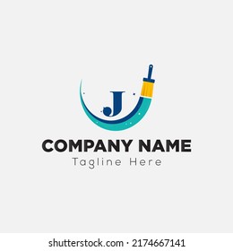 Paint Brush Logo On Letter J Template. Paint On J Letter, Initial Paint Sign Concept
