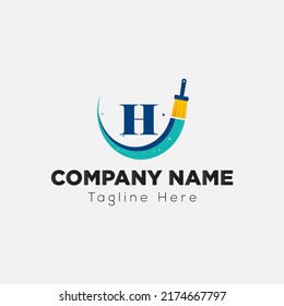 Paint Brush Logo On Letter H Template. Paint On H Letter, Initial Paint Sign Concept