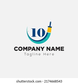 Dibujar El Logo Del Pincel En La Plantilla De La Letra 10. Paint on 10 Letter, Concepto de signo de pintura inicial