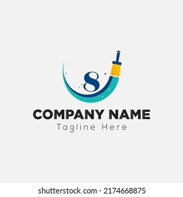 Paint Brush Logo On Letter 8 Template. Paint On 8 Letter, Initial Paint Sign Concept