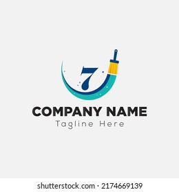 Paint Brush Logo On Letter 7 Template. Paint On 7 Letter, Initial Paint Sign Concept