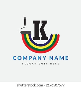 Paint Brush Logo On Letter K Template. Paint On K Letter, Initial Paint Sign Concept	