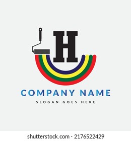 Paint Brush Logo On Letter H Template. Paint On H Letter, Initial Paint Sign Concept	
