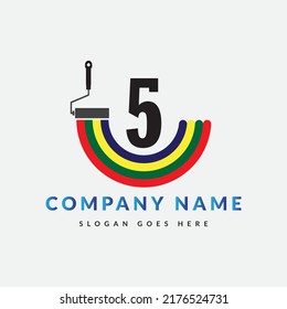Paint Brush Logo On Letter 5 Template. Paint On 5 Letter, Initial Paint Sign Concept	