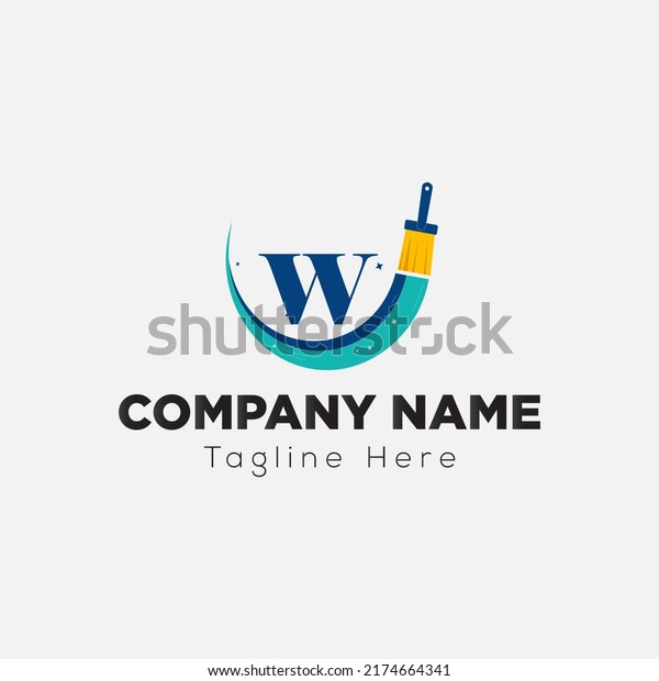 Paint Brush Logo On Letter W Template. Paint\
On W Letter, Initial Paint Sign\
Concept