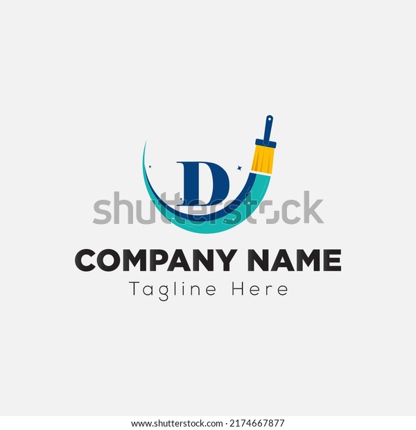 Paint Brush Logo On Letter D Template. Paint\
On D Letter, Initial Paint Sign\
Concept