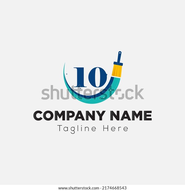 Paint Brush Logo On Letter 10 Template.\
Paint On 10 Letter, Initial Paint Sign\
Concept