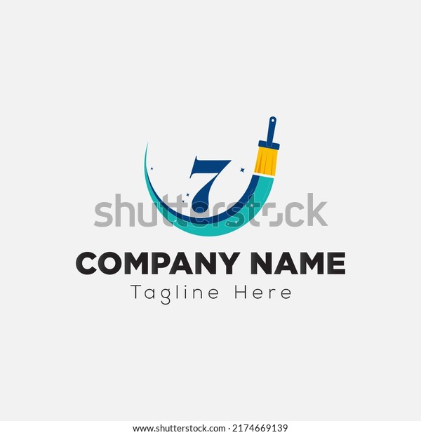 Paint Brush Logo On Letter 7 Template. Paint\
On 7 Letter, Initial Paint Sign\
Concept