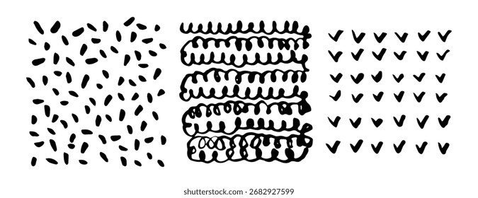 Padrão de marcas e conjunto de texturas de traçados de tinta do marcador do pincel de tinta. Ilustração vetorial de Elementos de Desenho a Lápis Desenhado à Mão
