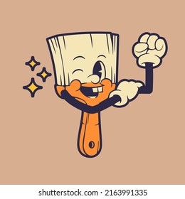 Paint brush mascot holding in to its arm while smiling. Retro vintage mascot illustration.