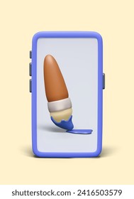 Paint brush on realistic smartphone screen. Advertising phone applications for drawing