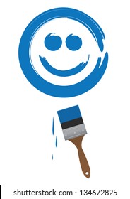 Paint Brush Painting A Large Blue Smiling Face